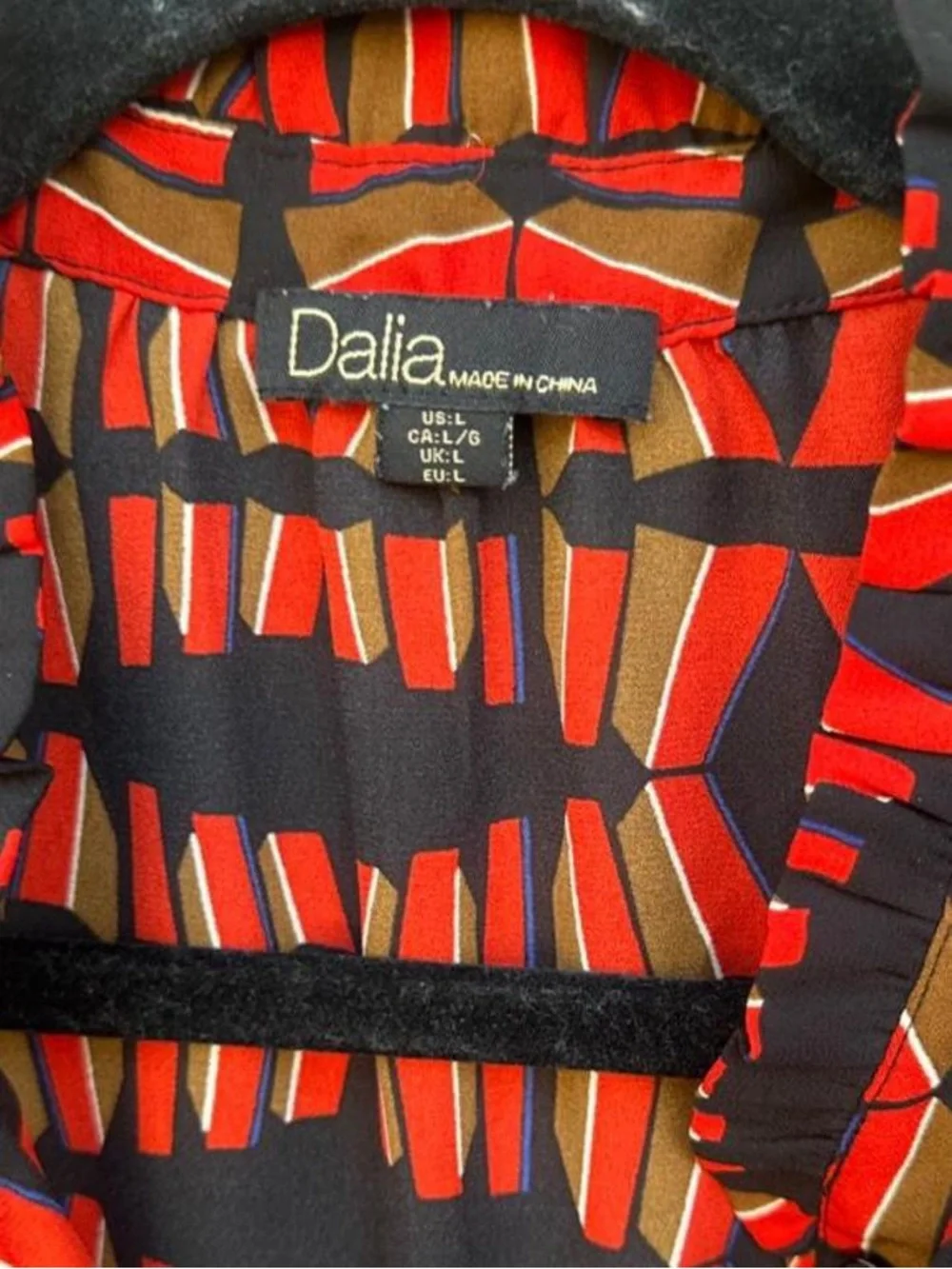 Dalia Red, Black & Brown Sleeveless Geometric V-Neck Blouse